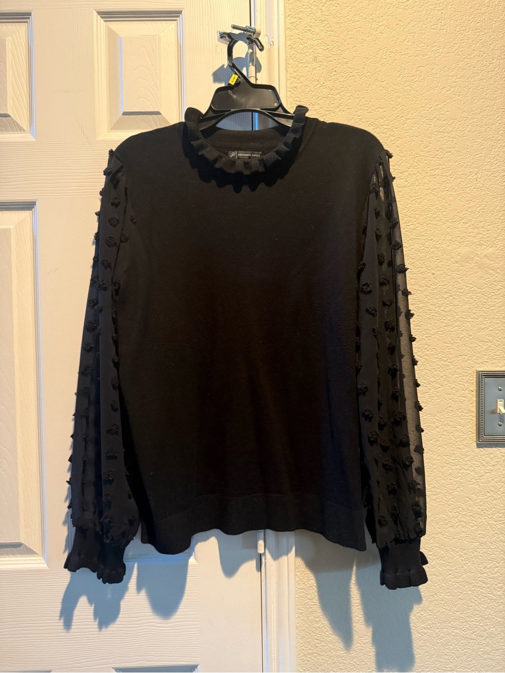 Adrianna Papell Black Ruffle Neck Sweater with Pom-Pom Sleeve Details